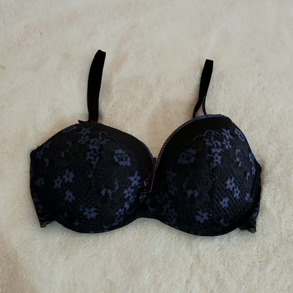 NWT Adore Me Sexy Black & Blue Lace Push Up Bra 32DDD